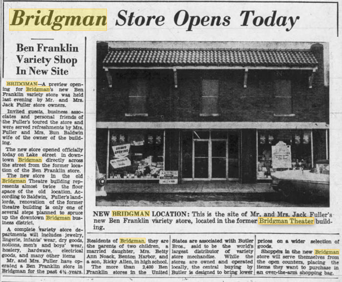 Bridgman Theatre - April 7 1960 Becomes Ben Franklin Store (newer photo)